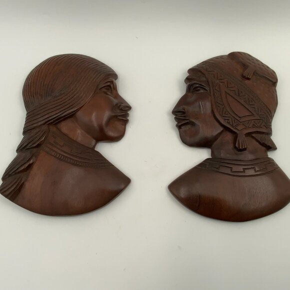 2 Vintage Carved Wood Native American Heads Male & Female Wall Hanging Art MCM - Picture 6 of 10